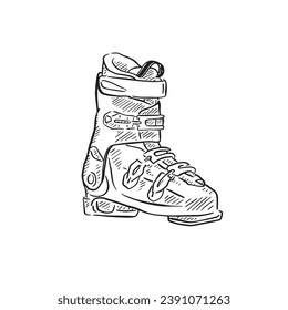 A line drawn ski boot in black and white with shading in a sketchy style. Drawn by hand.