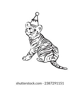 A line drawn tiger cub wearing a party hat. Hand drawn on Procreate and perfect for printable wall art or a kids birthday party invitation and signage.