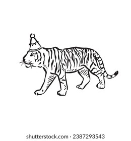 Un tigre dibujado con un sombrero de fiesta. Perfecto para una fiesta infantil, invitaciones de bricolaje y anuncios de fiestas o eventos. Dibujado a mano en blanco y negro.