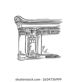 A line drawn traditional shop front in black and white with an arched frontage in Art Deco style. Vector hand drawn.