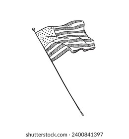 Line drawn USA flag, hand drawn and vectorised digitally in a sketch style. Flying fabric flag. 