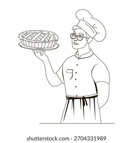 Line drawn vector illustration of a chef with a pie