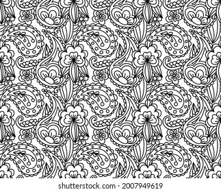 Line drawn vector seamless background with patterns of flowers and abstract doodle elements. Texture print for fabric or paper. Floristic and herbal sketches