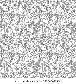 
Line drawn vector seamless pattern. Herbs and flowers of iris, loach and buds of various plants. Coloring book-antistress and zen doodles for creativity