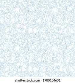 
Line drawn vector seamless pattern. Herbs and flowers of iris, loach and buds of various plants. Coloring book-antistress and zen doodles for creativity