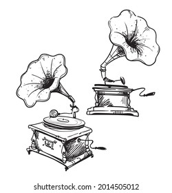 line drawn vintage gramophones, vector sketch