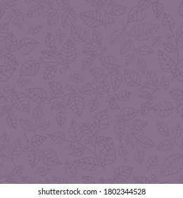 Leinengezeichnete violette Äste mit Blättern und Beeren auf ruhigem violettem Hintergrund. Nahtlose monochrome Blumenmuster. Geeignet für Textilien, Umhüllung.