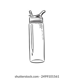 A line drawn water bottle taken inspiration from gyms and sports facilities. Drawn by hand in black and white and vectorised. 