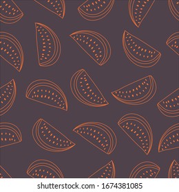 Line drawn watermelon pattern on dark background. Doodle watermelon pattern