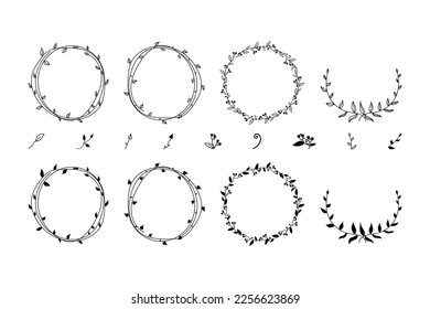 Line drawn wreath vector illustration. Hand drawing collection. Botanical circle frame. Wedding invitation.