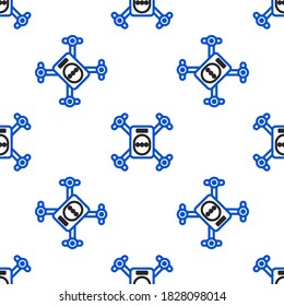 Line Drone flying with action video camera icon isolated seamless pattern on white background. Quadrocopter with video and photo camera symbol. Colorful outline concept. Vector