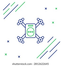 Line Drone flying with action video camera icon isolated on white background. Quadrocopter with video and photo camera symbol. Colorful outline concept. Vector