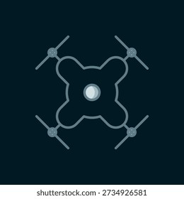 Line Drone flying icon isolated on black background. Quadrocopter with video and photo camera symbol. Flat filled outline style with shadow. Vector