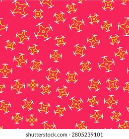 Line Drone flying icon isolated seamless pattern on red background. Quadrocopter with video and photo camera symbol.  Vector