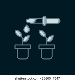 Line Drop of water drops from pipette on plant icon isolated on black background. Medical or agricultural experiments. Fertilizers and pesticides. Flat filled outline style with shadow. Vector