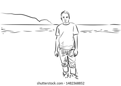 Line Drowing Of A Man Standing In The Middle Of The Sea