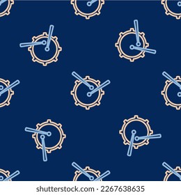 Line Drum with drum sticks icon isolated seamless pattern on blue background. Music sign. Musical instrument symbol.  Vector