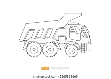 Ilustración vectorial del camión de volcado de línea sobre fondo blanco. Vehículo aislado de maquinaria pesada industrial. construcción de caricaturas planas e icono del coche minero. Colorando el libro de páginas para niños