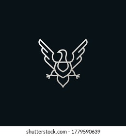 Line Eagle Logo With Luxury, Silver Colour Isolated In Black Background. Vector Illustration