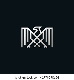 Line Eagle Logo With Luxury, Silver Colour Isolated In Black Background. Vector Illustration
