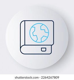 Line Earth globe and book icon isolated on white background. World or Earth sign. Global internet symbol. Geometric shapes. Colorful outline concept. Vector