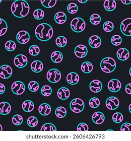 Line Earth globe icon isolated seamless pattern on black background. World or Earth sign. Global internet symbol. Geometric shapes.  Vector