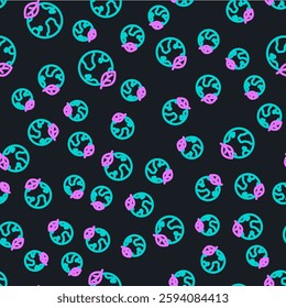 Line Earth globe and leaf icon isolated seamless pattern on black background. World or Earth sign. Geometric shapes. Environmental concept.  Vector