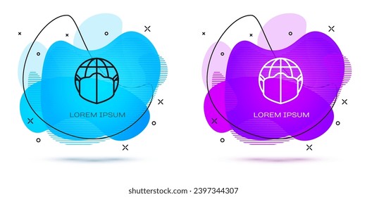 Line Earth globe with medical mask icon isolated on white background. Abstract banner with liquid shapes. Vector