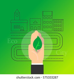 Line Eco city concept with a flat hand carrying a green leaf.