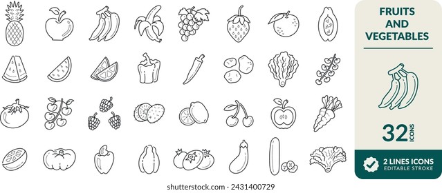 LINE EDITABLE ICONS SET. ELEMENTS FOR ILLUSTRATING THEMES OF VARIOUS FRUITS AND VEGETABLES, PINEAPPLE, APPLE, BANANA, GRAPE, STRAWBERRY, ORANGE, PUMPKIN, CHILI, PEPPER AND OTHERS. PIXEL PERFECT.