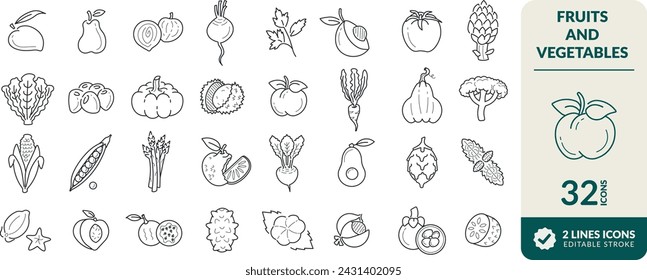 LINE EDITABLE ICONS SET. ELEMENTS FOR ILLUSTRATING THEMES OF VARIOUS FRUITS AND VEGETABLES, MANGOSTEEN, LYCHEE, PITAYA, AVOCADO, ORANGE, TOMATO, PARSLEY, ONION, PEAR AND OTHERS. PIXEL PERFECT.