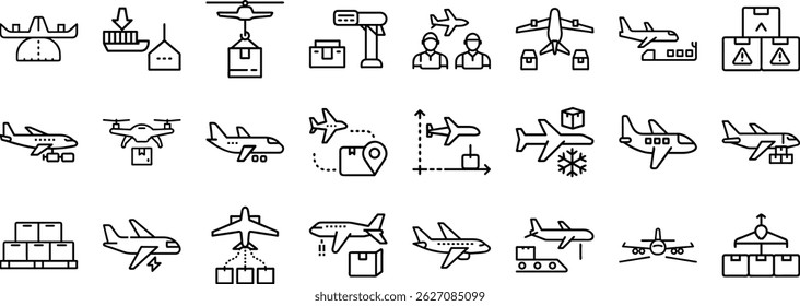 Line editable icons set representing international logistics and air freight delivery operations