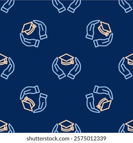 Line Education grant icon isolated seamless pattern on blue background. Tuition fee, financial education, budget fund, scholarship program, graduation hat.  Vector