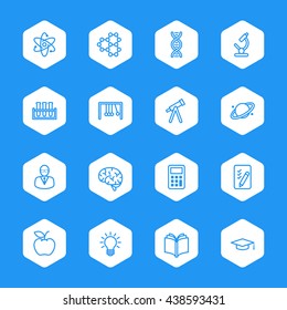 line education and science icon set on white hexagon for web design, user interface (UI), infographic and mobile application (apps)