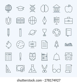 Line Education and Science Icons Set. Vector Set of 36 School and Knowledge Modern Line Icons for Web and Mobile