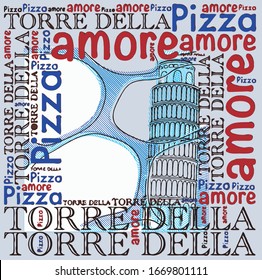 with line effect pizza tower illustration with foreign language Torre Della Pizza Amore words together vector print pattern.