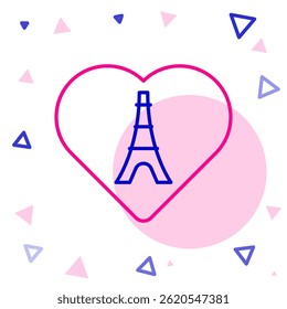 Linha Torre Eiffel com ícone de coração isolado no fundo branco. Símbolo de referência da França Paris. Conceito de contorno colorido. Vetor