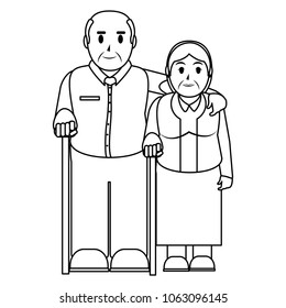 line elderly couple together with walking stick