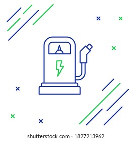 Line Electric car charging station icon isolated on white background. Eco electric fuel pump sign. Colorful outline concept. Vector