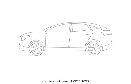 Line Electric Petrol Or Gasoline Car Model. A Off-road Suv For Rent Couple, Family, Race, Taxi Usage Or Race. Side View Lineart.