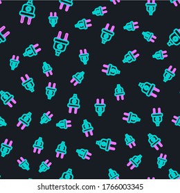 Line Electric plug icon isolated seamless pattern on black background. Concept of connection and disconnection of the electricity.  Vector Illustration