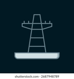 Linha Torre elétrica usada para suportar um ícone de linha de energia aérea isolado no fundo preto. Linha de vara de alta tensão. Estilo de contorno preenchido plano com sombra. Vetor