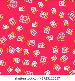 Line Electric wiring of socket in fire icon isolated seamless pattern on red background. Electrical safety concept. Plug outlet on fire.  Vector