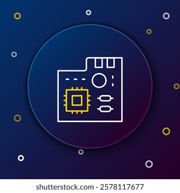 Line Electronic computer components motherboard digital chip integrated science icon isolated on blue background. Circuit board. Colorful outline concept. Vector