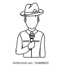 line elegant journalist with hat and microphone equipment