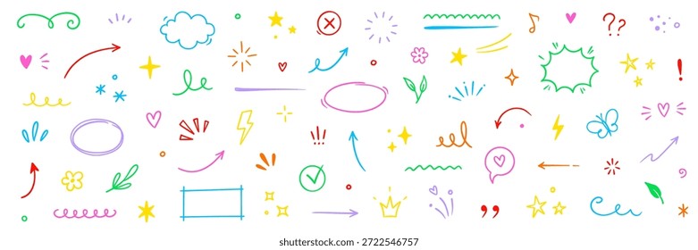 Line element arrow, cloud, heart cute design icon set. Hand drawn brush sketch doodle cute star, heart, flower element. Line text decoration scribble decoration. Hand drawn Vector illustration