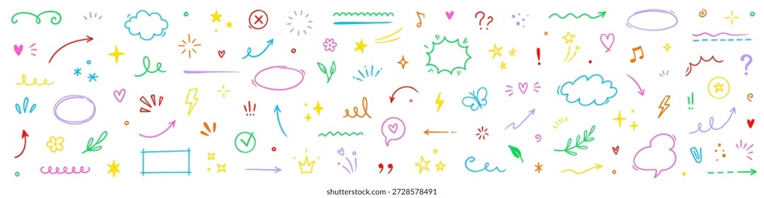 Line element arrow, cloud, heart cute design icon set. Hand drawn brush sketch doodle cute star, heart, flower element. Line text decoration scribble decoration. Hand drawn Vector illustration