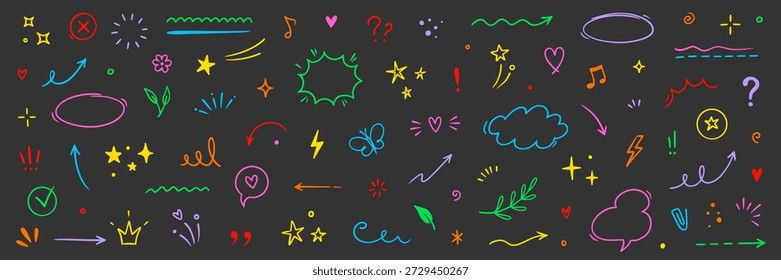 Flecha de elemento de línea, nube, corazón lindo conjunto de iconos de diseño. Dibujado a mano boceto doodle estrella linda, corazón, elemento de la flor. Línea de decoración de texto garabato decoración. Ilustración vectorial dibujada a mano