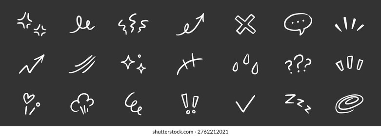 Line element effect hand drawn set. Hand drawn brush sketch line element icon arrow motion comic effect. Cute cartoon emoji emotion star, sparkle manga cloud movement. Vector illustration
