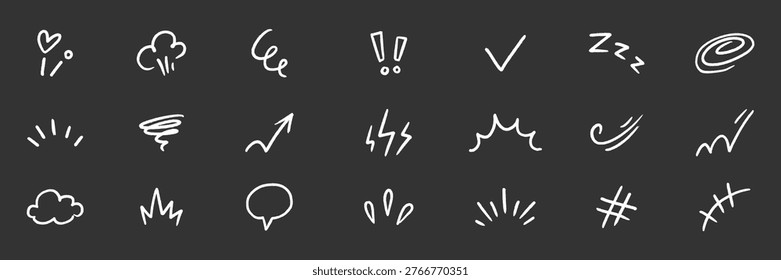 Line element effect hand drawn set. Hand drawn brush sketch line element icon arrow motion comic effect. Cute cartoon emoji emotion star, sparkle manga cloud movement. Vector illustration